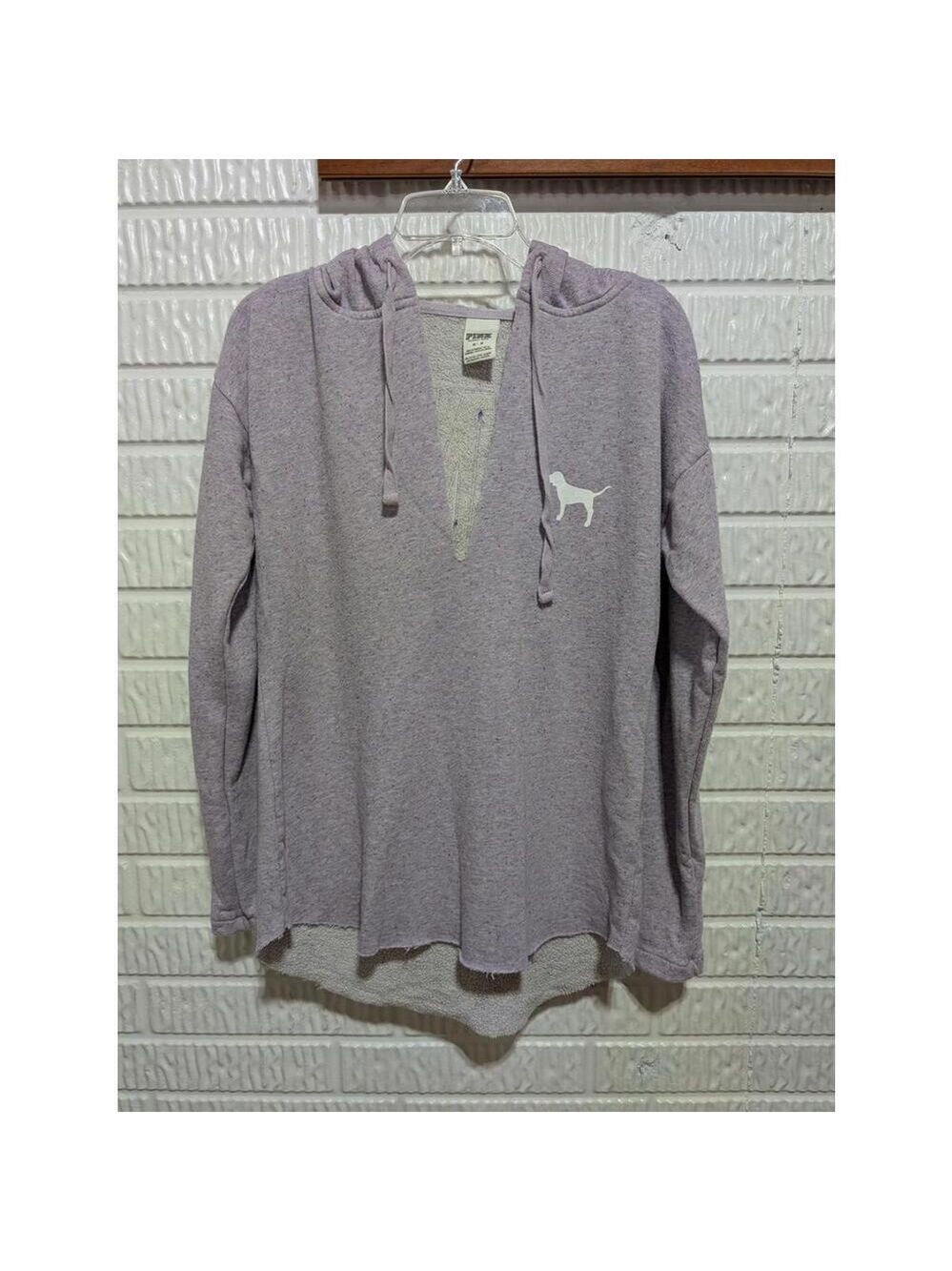 PINK Hooded Long Sleeve Distressed Pullover - Purple Heather Sz L